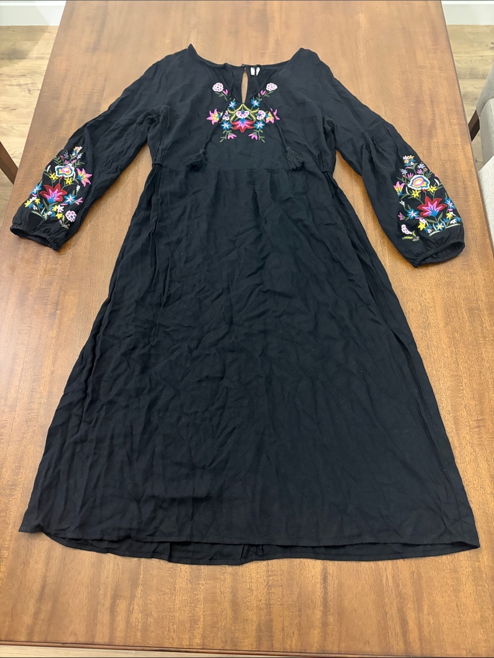 Old Navy Black Midi Dress with Colorful Floral Embroidery